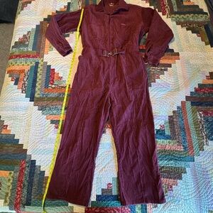 Vintage 1970s Burgundy Corduroy Jumpsuit - Parachute Utility Workwear - Belted